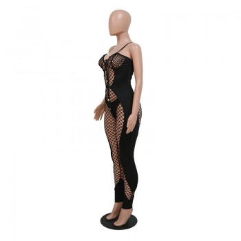 Fishnet Jumpsuit with Panties Hollow Out See Through Buttons Spaghetti Straps Skinny Overalls Black